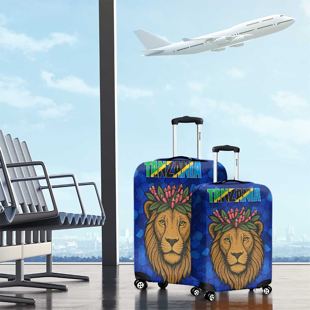 Tanzania Simba Lion Luggage Cover with Floral Crown and Blue Mosaic Design