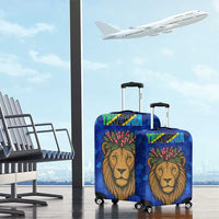 Tanzania Simba Lion Luggage Cover with Floral Crown and Blue Mosaic Design