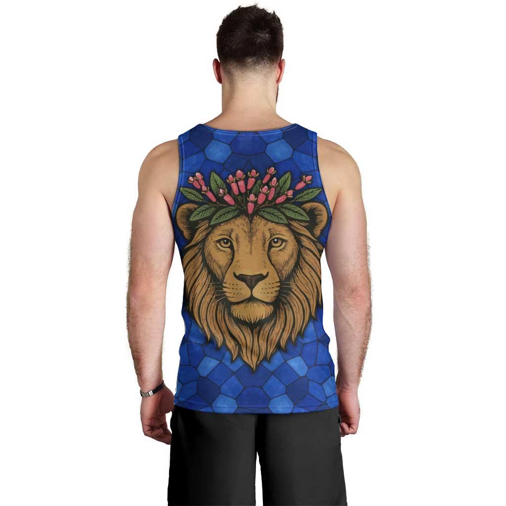 Tanzania Simba Lion Men Tank Top with Floral Crown and Blue Mosaic Design