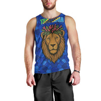 Tanzania Simba Lion Men Tank Top with Floral Crown and Blue Mosaic Design