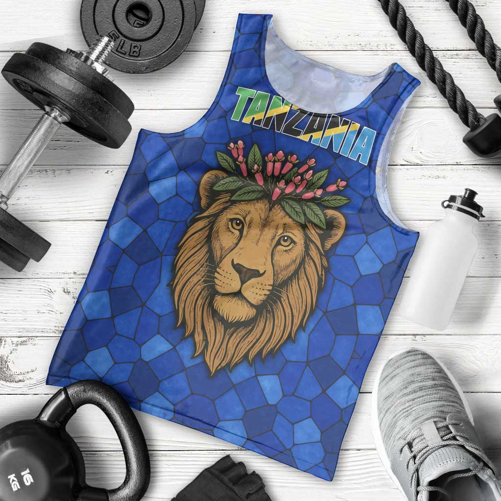Tanzania Simba Lion Men Tank Top with Floral Crown and Blue Mosaic Design