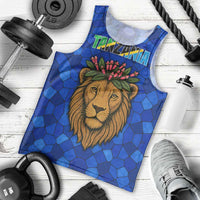 Tanzania Simba Lion Men Tank Top with Floral Crown and Blue Mosaic Design