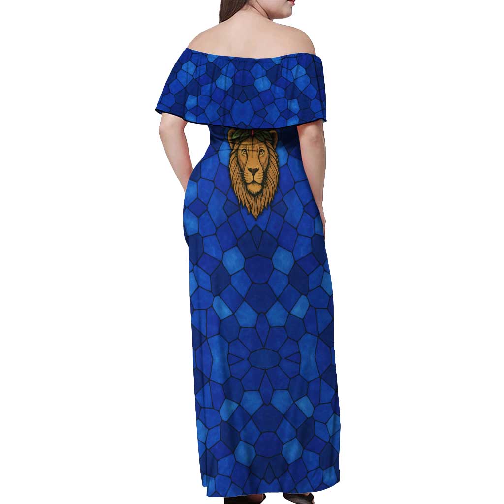 Tanzania Simba Lion Off Shoulder Maxi Dress with Floral Crown and Blue Mosaic Design