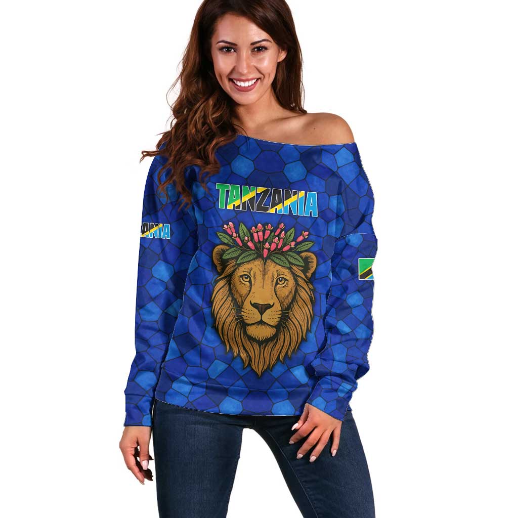 Tanzania Simba Lion Off Shoulder Sweater with Floral Crown and Blue Mosaic Design