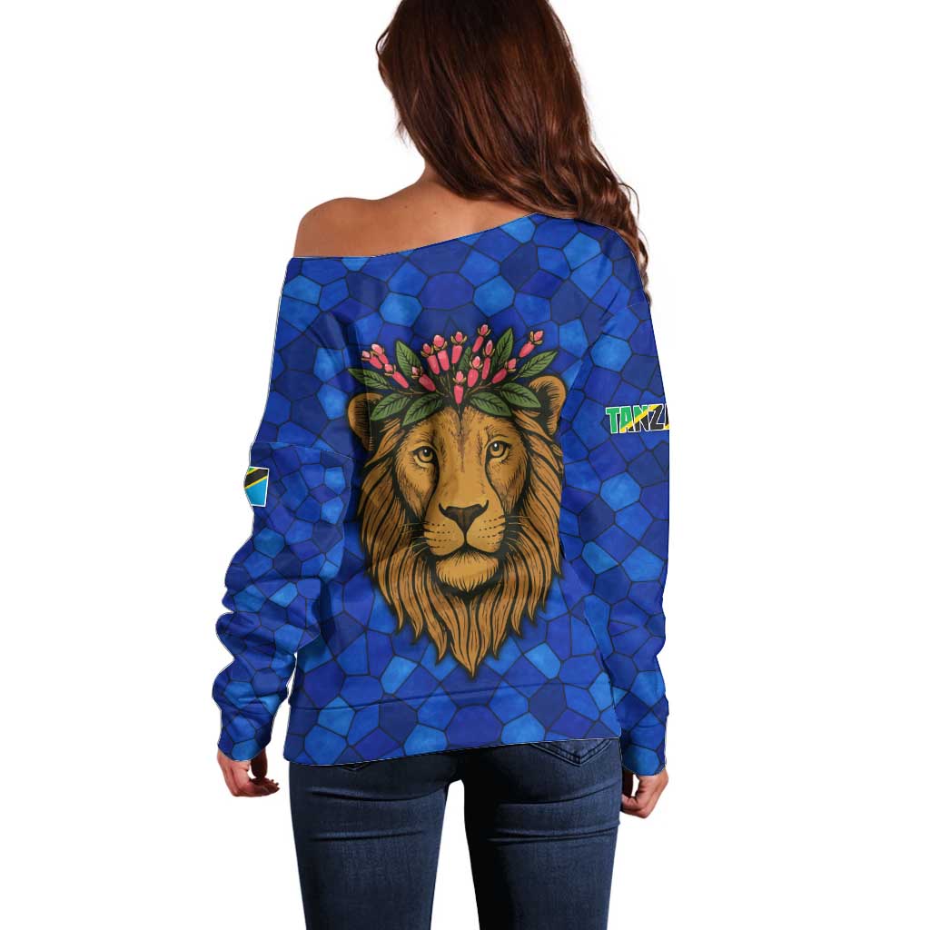 Tanzania Simba Lion Off Shoulder Sweater with Floral Crown and Blue Mosaic Design