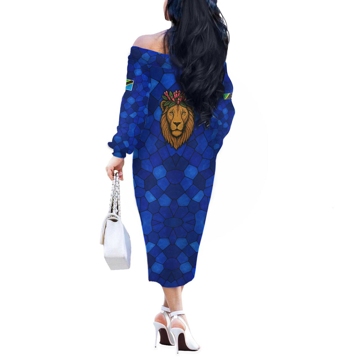 Tanzania Simba Lion Off The Shoulder Long Sleeve Dress with Floral Crown and Blue Mosaic Design