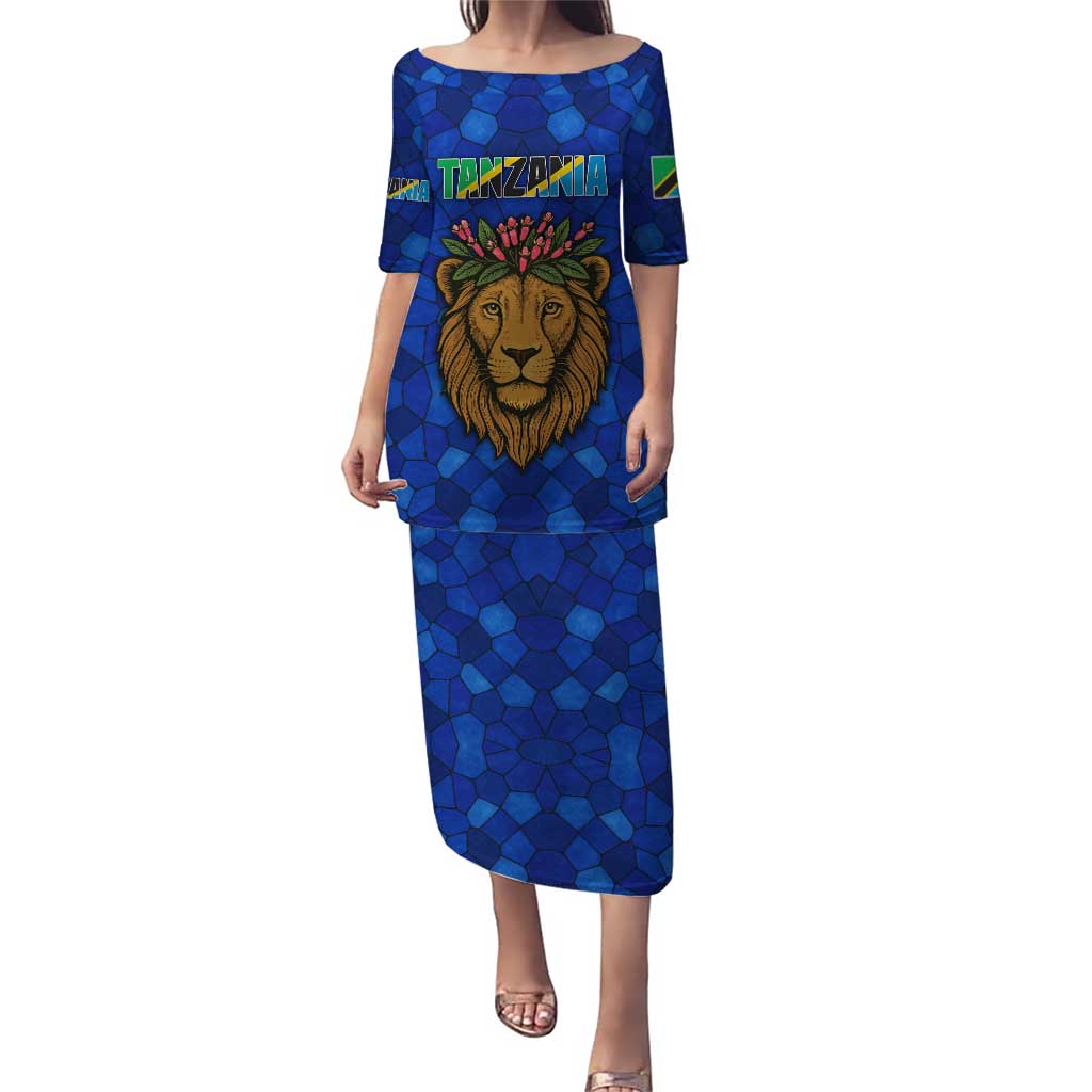 Tanzania Simba Lion Puletasi with Floral Crown and Blue Mosaic Design