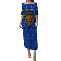 Tanzania Simba Lion Puletasi with Floral Crown and Blue Mosaic Design