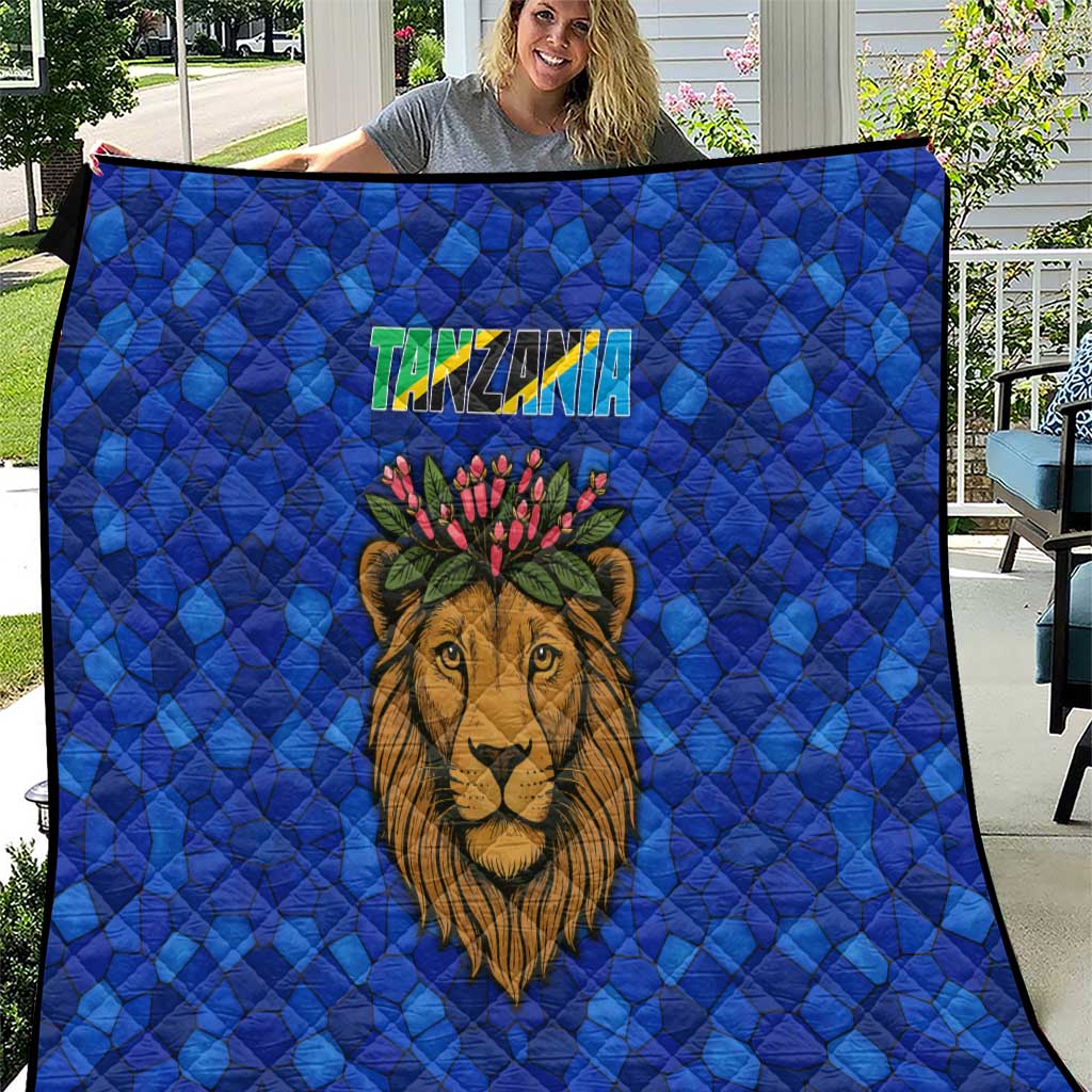 Tanzania Simba Lion Quilt with Floral Crown and Blue Mosaic Design