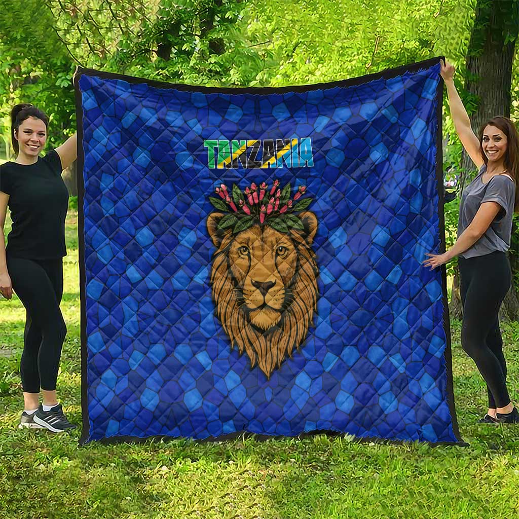 Tanzania Simba Lion Quilt with Floral Crown and Blue Mosaic Design