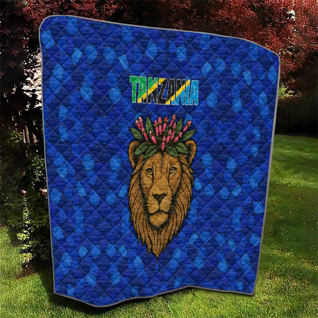 Tanzania Simba Lion Quilt with Floral Crown and Blue Mosaic Design