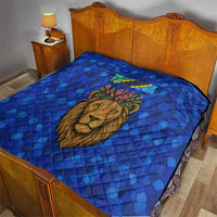 Tanzania Simba Lion Quilt with Floral Crown and Blue Mosaic Design