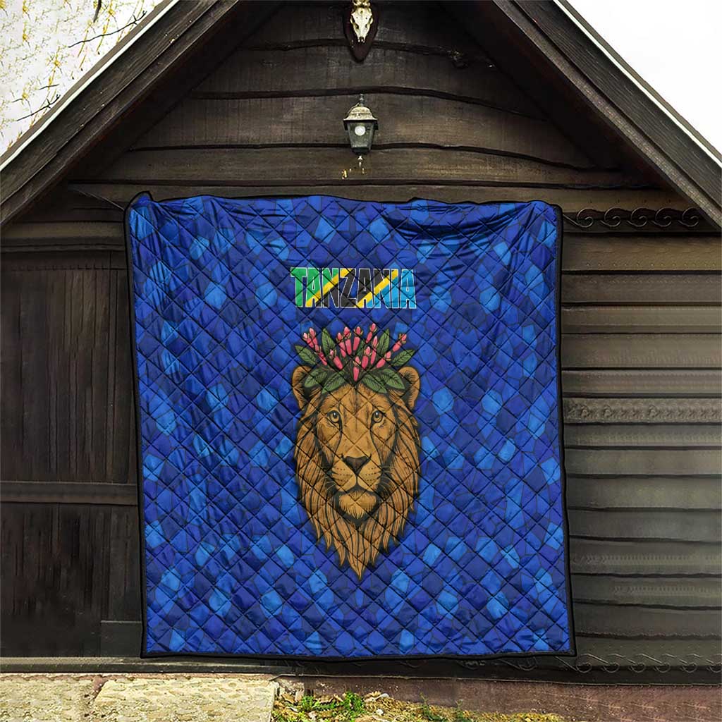 Tanzania Simba Lion Quilt with Floral Crown and Blue Mosaic Design