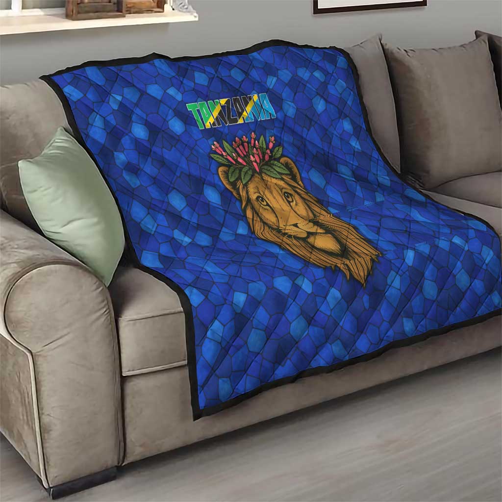 Tanzania Simba Lion Quilt with Floral Crown and Blue Mosaic Design