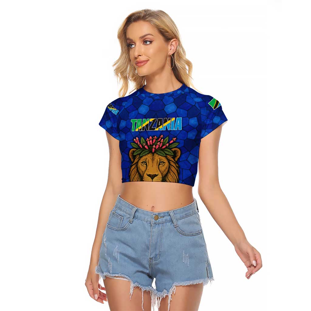 Tanzania Simba Lion Raglan Cropped T Shirt with Floral Crown and Blue Mosaic Design