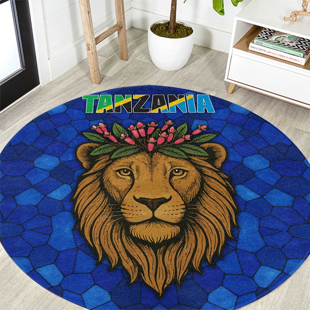 Tanzania Simba Lion Round Carpet with Floral Crown and Blue Mosaic Design