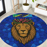 Tanzania Simba Lion Round Carpet with Floral Crown and Blue Mosaic Design