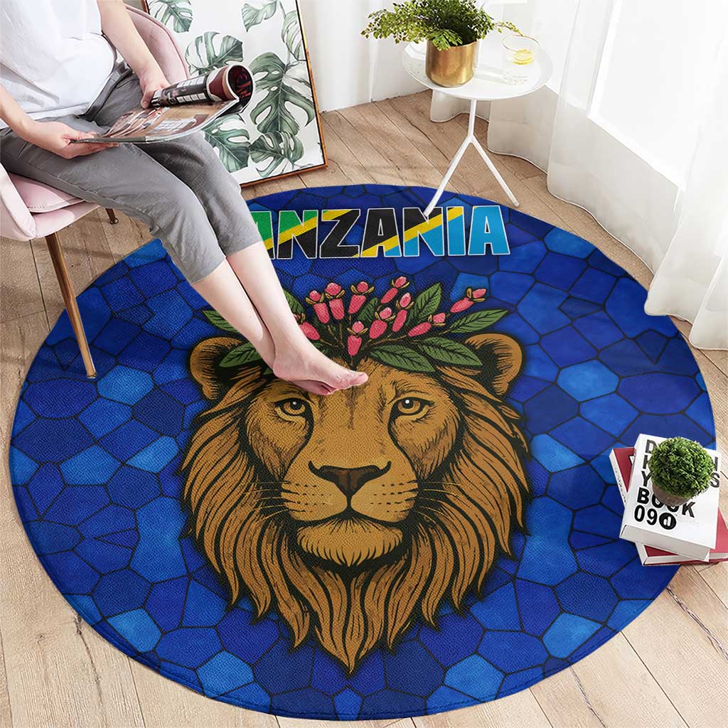 Tanzania Simba Lion Round Carpet with Floral Crown and Blue Mosaic Design