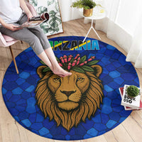 Tanzania Simba Lion Round Carpet with Floral Crown and Blue Mosaic Design