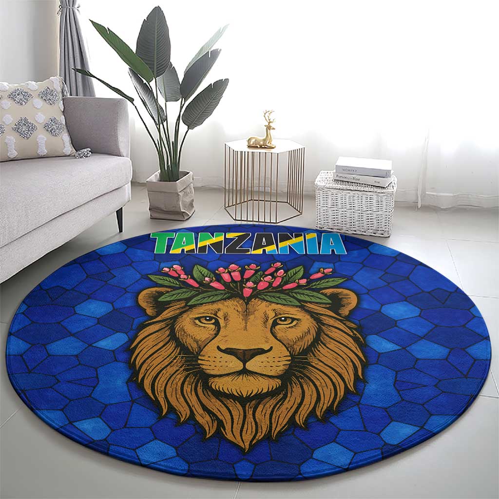 Tanzania Simba Lion Round Carpet with Floral Crown and Blue Mosaic Design