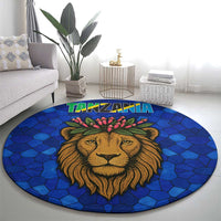Tanzania Simba Lion Round Carpet with Floral Crown and Blue Mosaic Design