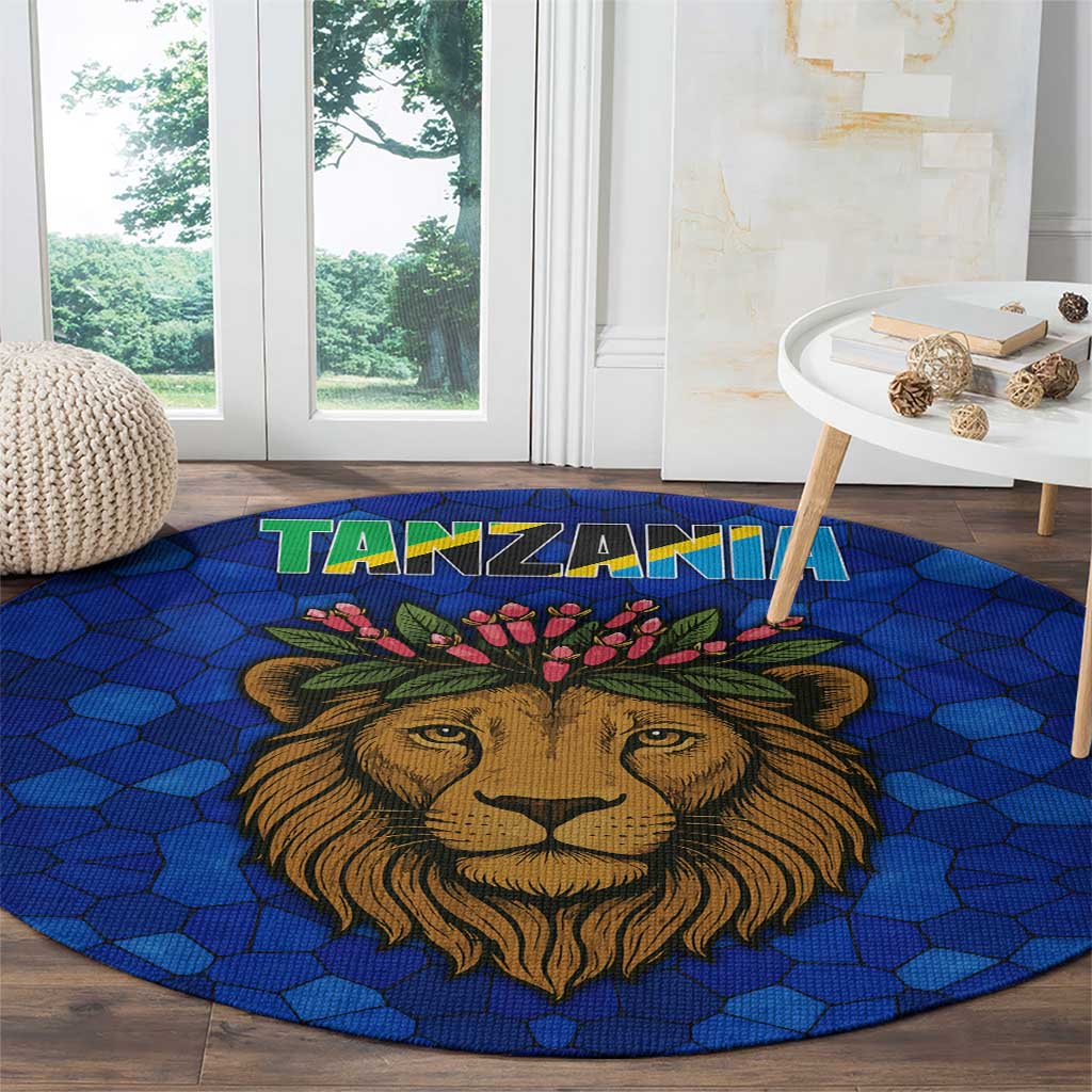 Tanzania Simba Lion Round Carpet with Floral Crown and Blue Mosaic Design
