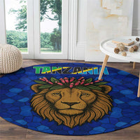 Tanzania Simba Lion Round Carpet with Floral Crown and Blue Mosaic Design