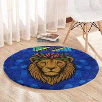 Tanzania Simba Lion Round Carpet with Floral Crown and Blue Mosaic Design