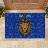 Tanzania Simba Lion Rubber Doormat with Floral Crown and Blue Mosaic Design