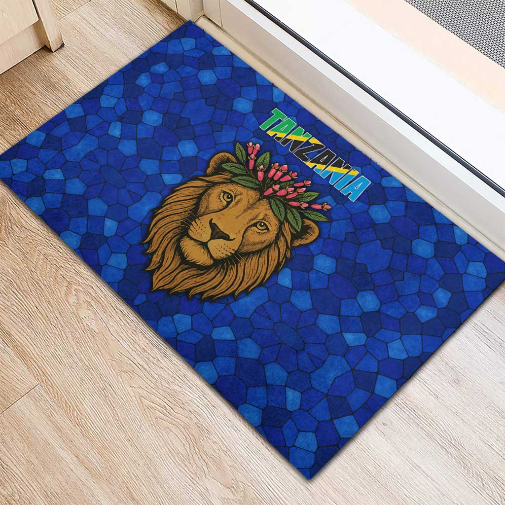 Tanzania Simba Lion Rubber Doormat with Floral Crown and Blue Mosaic Design