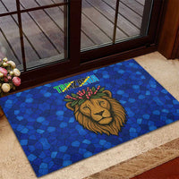 Tanzania Simba Lion Rubber Doormat with Floral Crown and Blue Mosaic Design