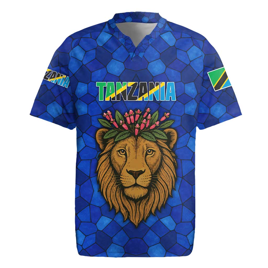 Tanzania Simba Lion Rugby Jersey with Floral Crown and Blue Mosaic Design