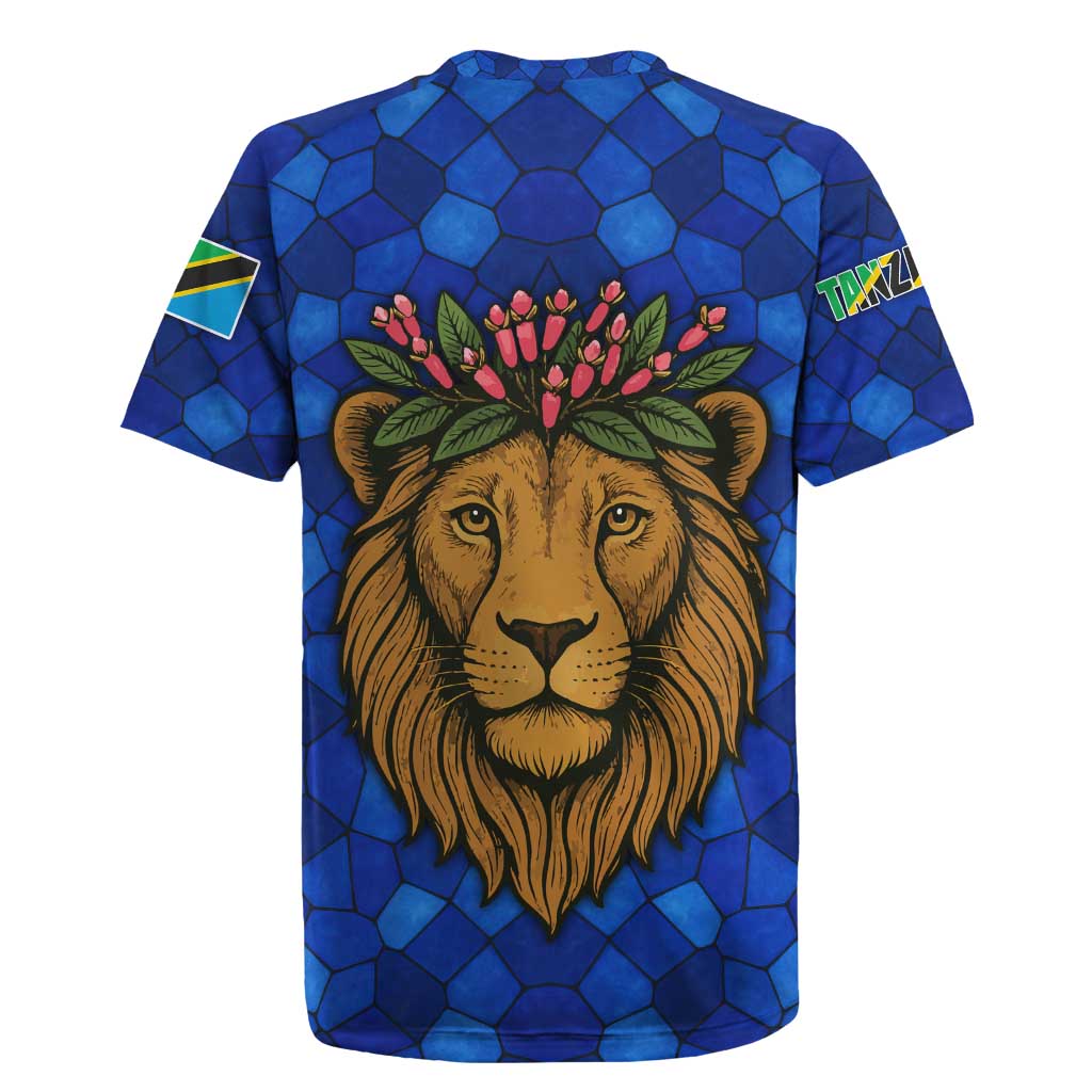 Tanzania Simba Lion Rugby Jersey with Floral Crown and Blue Mosaic Design