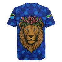 Tanzania Simba Lion Rugby Jersey with Floral Crown and Blue Mosaic Design