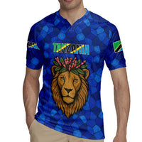 Tanzania Simba Lion Rugby Jersey with Floral Crown and Blue Mosaic Design