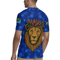 Tanzania Simba Lion Rugby Jersey with Floral Crown and Blue Mosaic Design