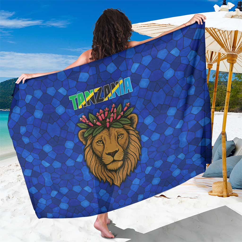 Tanzania Simba Lion Sarong with Floral Crown and Blue Mosaic Design