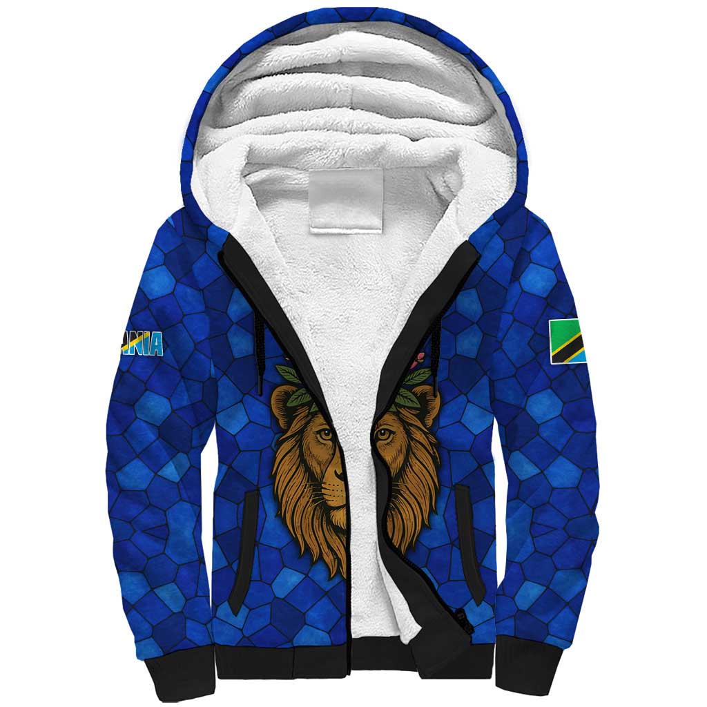 Tanzania Simba Lion Sherpa Hoodie with Floral Crown and Blue Mosaic Design
