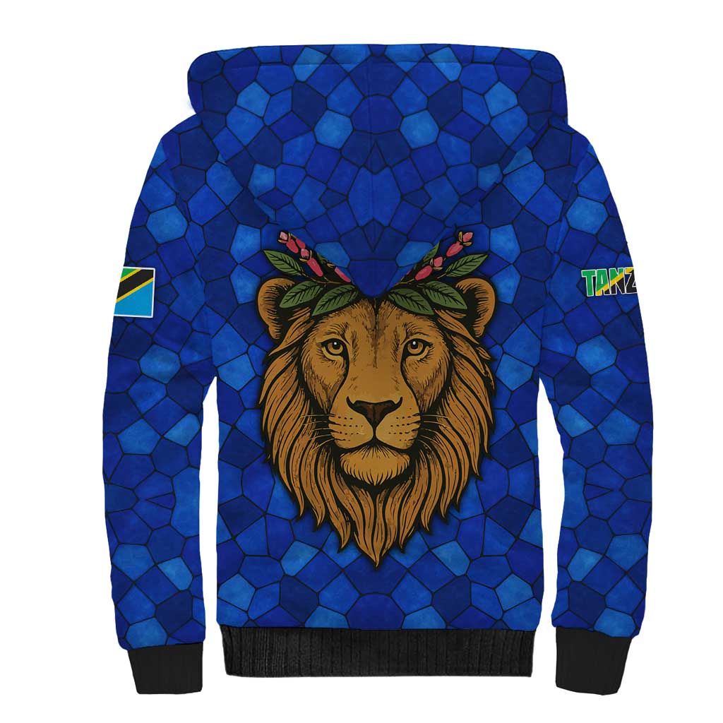 Tanzania Simba Lion Sherpa Hoodie with Floral Crown and Blue Mosaic Design