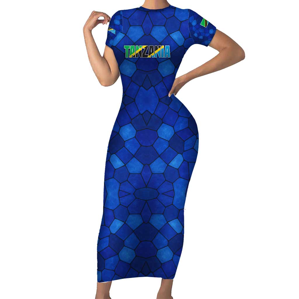Tanzania Simba Lion Short Sleeve Bodycon Dress with Floral Crown and Blue Mosaic Design