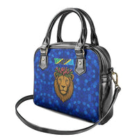 Tanzania Simba Lion Shoulder Handbag with Floral Crown and Blue Mosaic Design