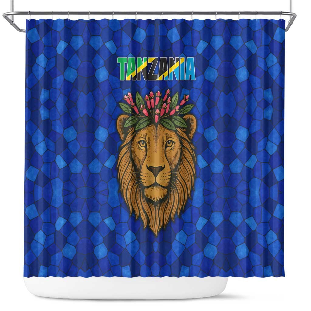 Tanzania Simba Lion Shower Curtain with Floral Crown and Blue Mosaic Design