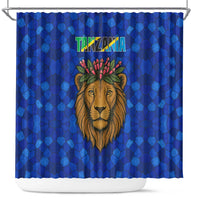 Tanzania Simba Lion Shower Curtain with Floral Crown and Blue Mosaic Design