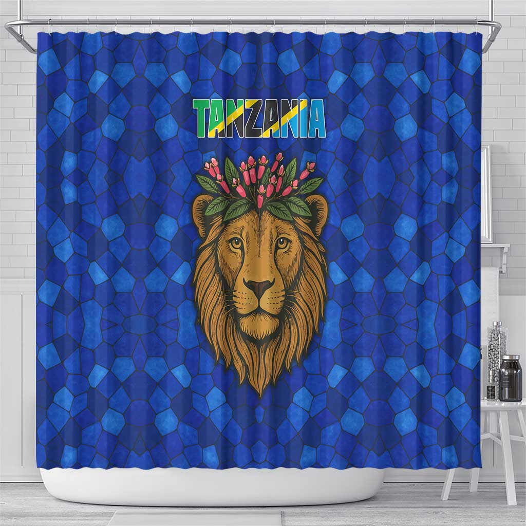 Tanzania Simba Lion Shower Curtain with Floral Crown and Blue Mosaic Design
