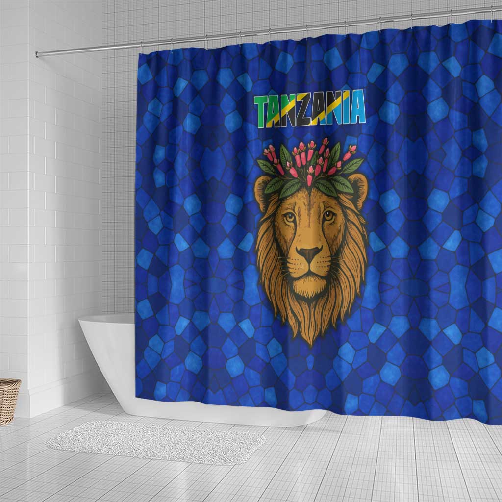 Tanzania Simba Lion Shower Curtain with Floral Crown and Blue Mosaic Design