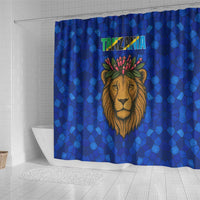 Tanzania Simba Lion Shower Curtain with Floral Crown and Blue Mosaic Design