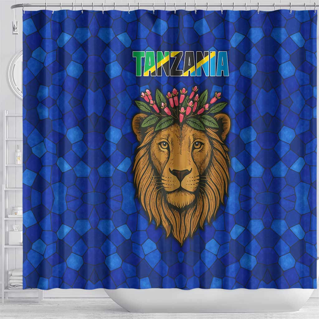 Tanzania Simba Lion Shower Curtain with Floral Crown and Blue Mosaic Design