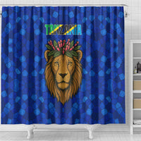 Tanzania Simba Lion Shower Curtain with Floral Crown and Blue Mosaic Design