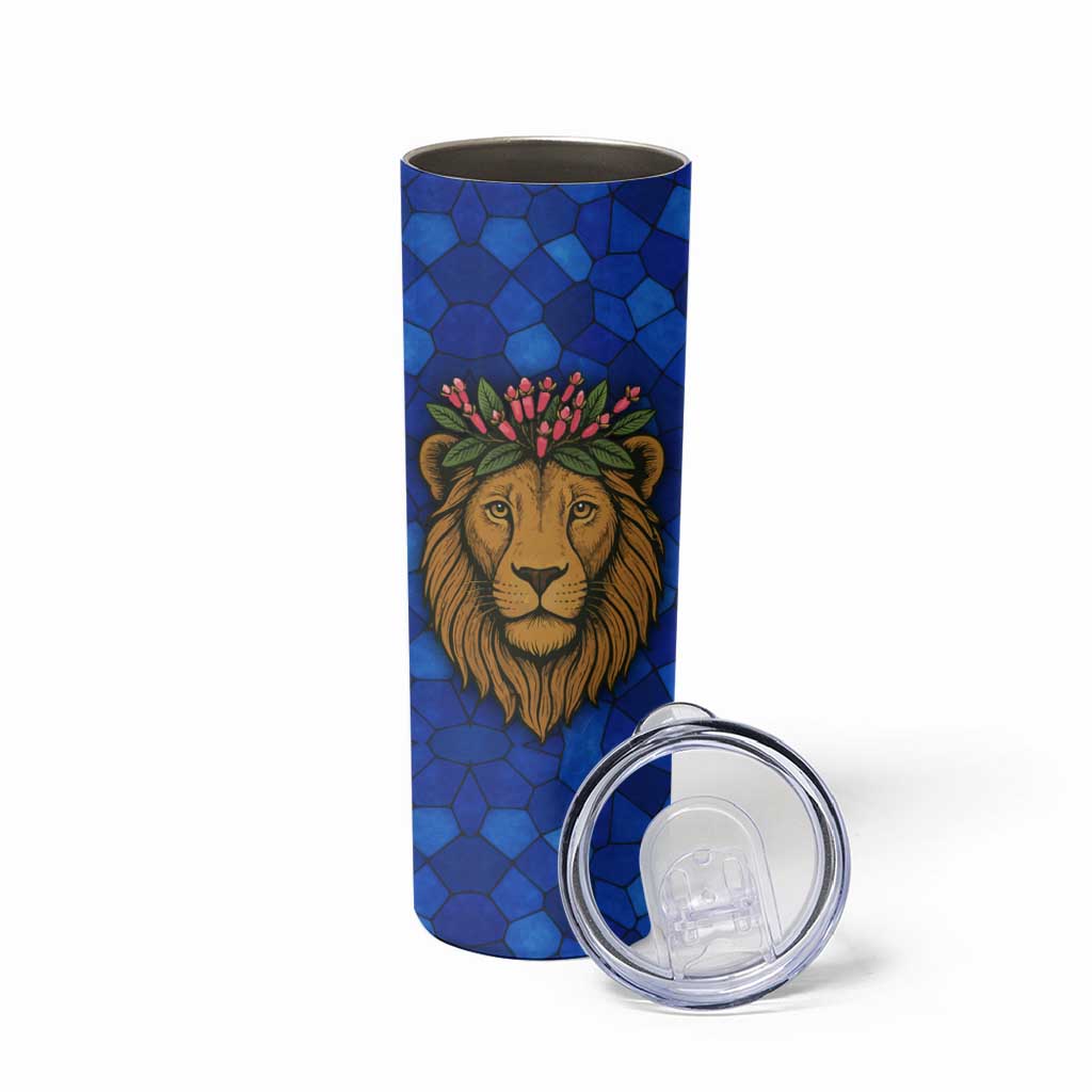 Tanzania Simba Lion Skinny Tumbler with Floral Crown and Blue Mosaic Design