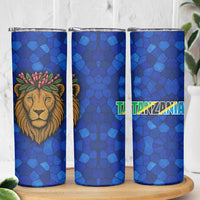 Tanzania Simba Lion Skinny Tumbler with Floral Crown and Blue Mosaic Design